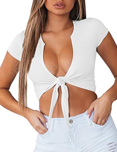 BORIFLORS Women's Sexy Tie Up Crop Top Short Sleeve Deep V Neck Casual Basic T Shirt,Medium,White - Image 2