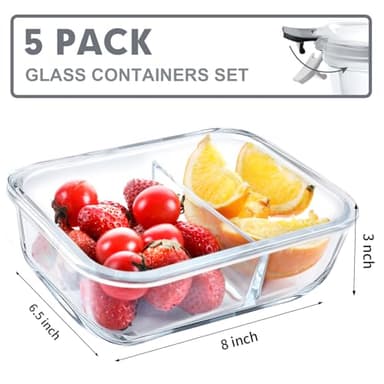VERONES 5 Pack Glass Meal Prep Containers 2 Compartment Set, 36OZ Airtight Glass Lunch Containers, Glass Food Storage Containers with Lids, for Microwave, Oven, Freezer & Dishwasher Friendly,Grey - Image 2