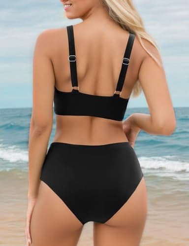 Suvimuga Womens High Waisted Bikini Sets Tummy Control Bathing Suits Mesh V Neck Full Coverage Two Piece Swimsuits Black M - Image 3