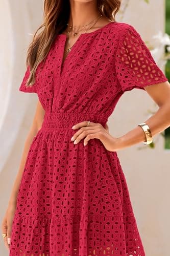 PRETTYGARDEN Womens 2025 Summer Short Dress V Neck Short Sleeve A Line Hollow Out Lace Ruffle Cute Casual Beach Party Dresses (Red,Large) - Image 8