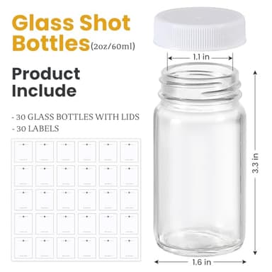 30 Pack 2 oz Glass Shot Bottles w/ White Lids & 30 Labels - Small Clear Jar for Ginger, Wellness Shot, Juice, Sample, Whiskey - Travel Essentials Mini Bottles - Wide Mouth, Leakproof, Dishwasher Safe - Image 3