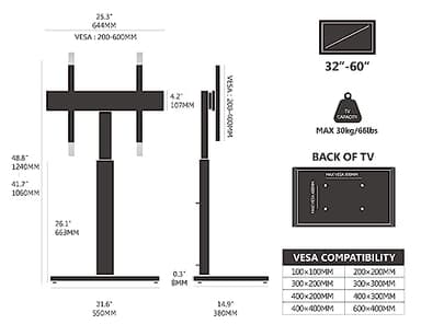 FITUEYES Floor TV Stand for 32 39 40 43 49 50 55 60 Inch TVs, TV Floor Stand with Swivel Mount, Max Holds 66lbs, White Glass Base, Height Adjustable TV Mount for Corner & Bedroom - Image 7