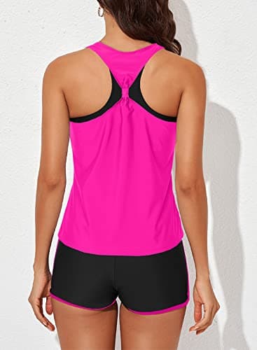 Aleumdr 3 Piece Womens Tankini Swimsuits with Shorts Athletic Bathing Suits Tank Tops with Bra and Boyshorts Rose 20 Plus - Image 2