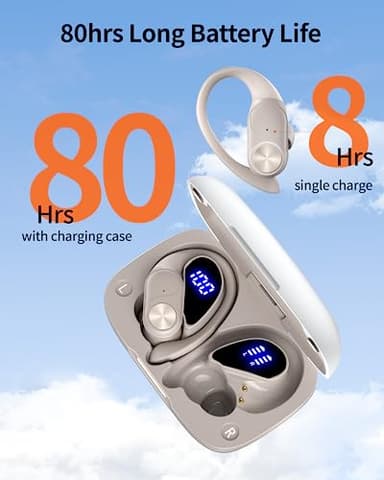 PocBuds Bluetooth Headphones Wireless Earbuds 80hrs Playtime Wireless Charging Case Digital Display Sport Ear Buds with Earhook Deep Bass IPX7 Waterproof Over-Ear Earphones for Phone Laptop Beige - Image 2