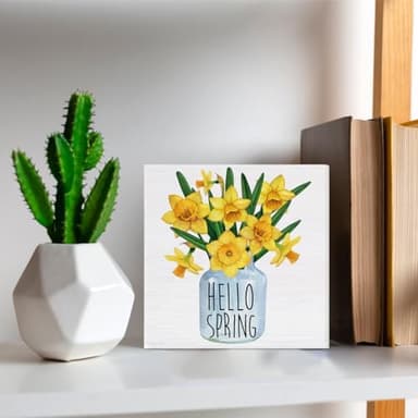 Spring Decor - Hello Spring Decorations - Floral Wooden Decorative Sign - Rustic Home Decor for Desk Table Shelf 5 x 5 Inches - Image 7
