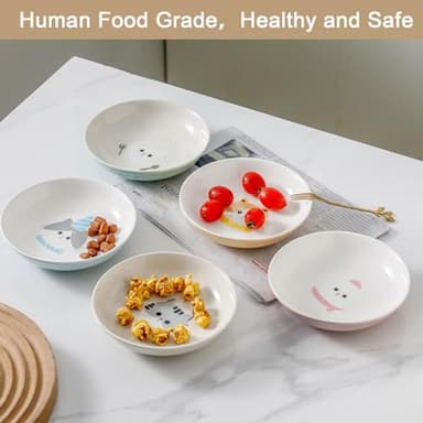 Ceramic Cat Bowls Set - 5.7 inch Wide Cat Food Bowls Whisker Fatigue Friendly, 5 Colorful Kitten Dish Plates with Cute Pattern for Wet and Dry Food Water - Image 6