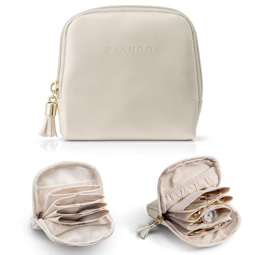Vlando Small Travel Jewelry Case,Travel Gifts for Women,Jewelry Pouch Bags with Zipper,Velvet Jewelry Organizer Storage Bag for Bracelet Rings Earring-Cream White - Image 1
