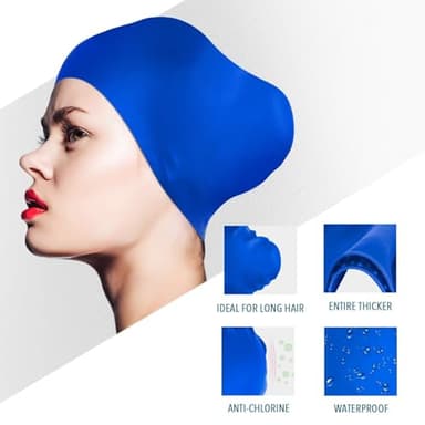 2 Pack Womens Silicone Swim Cap for Long Hair,3D Ergonomic Design Silicone Swimming Caps for Women Kids Men Adults Boys Girls with Ear Plug and Nose Clip(L) - Image 2