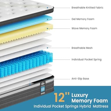 TeQsli Queen Size Mattress 12 Inch, Gel Memory Foam & Pocket Springs Queen Hybrid Mattress in a Box for Back Pain Relief & Motion Isolation, CertiPUR-US Certified, 10-Year Support - Image 2