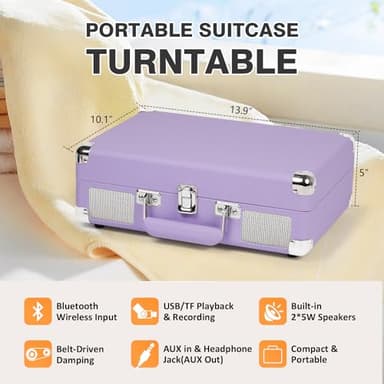 Vinyl Record Player with Built-in Speakers Vintage 3-Speed Portable Suitcase Bluetooth Turntables with USB Recording Belt-Driven LP Player Support AUX/RCA/Headphone Jack, Purple Leather - Image 4
