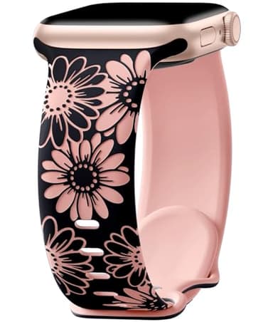 DaQin Floral Engraved Band Compatible with Apple Watch Bands for Women 40mm 41mm 42mm 44mm 45mm 46mm 38mm, Cute Two-Tone Flower Soft Silicone Sport Strap for iWatch Series 11 10 9 8 7 6 5 4 3 2 1 SE - Image 1