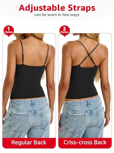 EasyGala Womens Padded Cami Tank Tops Double Lined Spaghetti Strap Built in Bra Shirts Slim Fitted Basic Summer Cloth 2025 Black M - Image 3