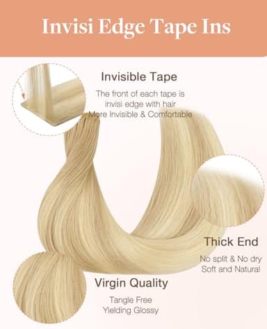 GOO GOO Invisi Edge Tape in Hair Extensions Human Hair, 18AT60A Pearl Ash Blonde Highlights 20pcs 24inch 50g, Virgin Remy Hair, Seamless Injected Tape, Natural Look - Image 4