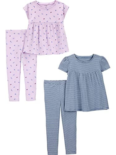 Simple Joys by Carter's Toddler Girls' 4-Piece Short-Sleeve Shirts and Pants Playwear Set, Pack of 2, Blue Stripe/Lilac Fruit, 3T - Image 1