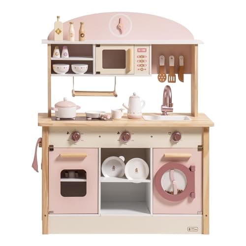 ROBUD Play Kitchen for Kids Toddlers, Wooden Play Kitchen with Realistic Accessories, Toy Kitchen Set with Plenty of Play Features, Modern Style Toy Kitchen for Girls & Boys, Gift for Ages 3+, Pink - Image 1