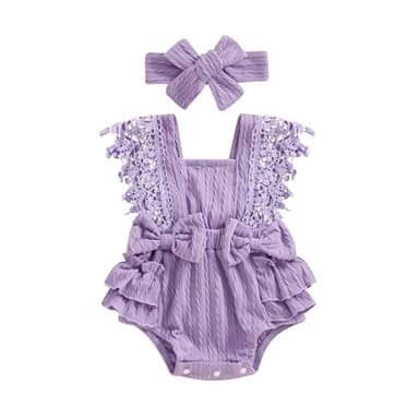 Douhoow Infant Baby Girl Plaid Romper Baby Short Sleeve Pleated Romper Bodysuit Summer Spring Outfits (Purple A, 12-18 Months) - Image 1