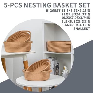 CubesLand Small Cotton Rope Storage Basket Set 5, Shelves Baskets for Organizing with Handle, Decorative Closet Storage Bins for Countertop Toilet Paper Basket for Toilet Tank Top,Brown Basket - Image 7