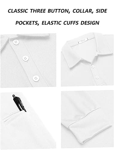 Deyeek Men's Long Sleeve Golf Shirts Breathable Casual Collared Polo Lightweight Quick Dry Tactical Outdoor Shirts White - Image 3