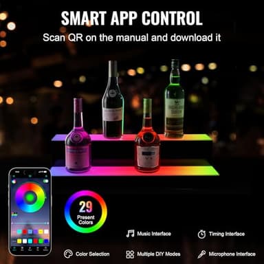 VEVOR LED Lighted Liquor Bottle Display, 2 Tiers 24 Inch Commercial Illuminated Home Bar Shelf, 2 Steps Whiskey Rack Stand, Acrylic Drink Shelves with RF Remote & App Control, and Multicolor Light - Image 5