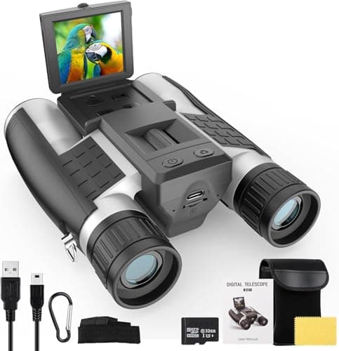 ZZSTAR 12x32 Binoculars with Camera, Large View Binoculars for Adults High Powered, FMC & BAK4 Prism, 2" LCD Display 5MP 1080P Video Photo Recorder for Bird Watching Hunting, with 32GB Card, Silver - Image 1