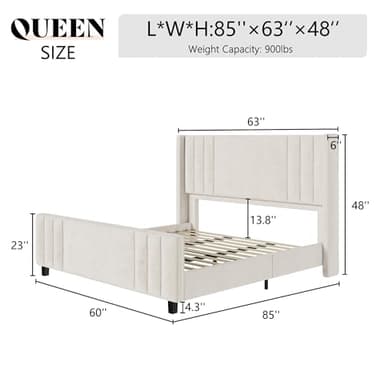 AMERLIFE Queen Size Bed Frame, Velvet Upholstered Platform Bed with Vertical Channel Tufted Headboard & Footboard/Wingback, Mattress Foundation with Wood Slats, No Box Spring Needed, Cream - Image 2