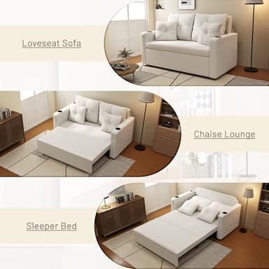 Krcix 3 in 1 Pull Out Couch, 56 Inch Convertible Sleeper Sofa Bed, Loveseat with Cup Holders, Storage Pockets, USB, Sofa Couches for Living Room, Bedroom, Apartment, Beige - Image 4