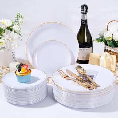 KIRE 200PCS Gold Plastic Plates - Disposable Plates for Party - White Plastic Plates with Gold Rim Include 100 for Dinner and 100 for Dessert/Salad in Wedding/Thanksgiving - Image 5