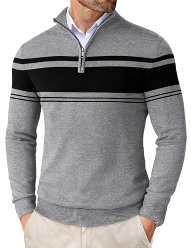 COOFANDY Men's Quarter Zip Up Sweaters Slim Fit Lightweight Mock Neck Pullover Casual Polo Sweatshirts,Black & Heather Grey,XXX-Large - Image 1