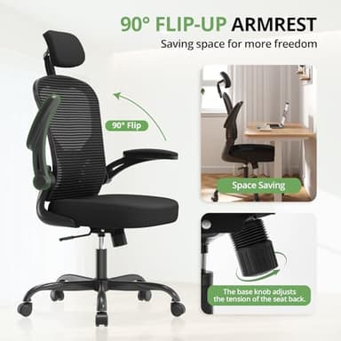 Office Chair Ergonomic Desk Chair, 330LBS Capacity, High Back Computer Chair for Long Hours Comfortable, Rolling Swivel Executive Task Chair for Home Office with Flip-up Armrests, Black - Image 4