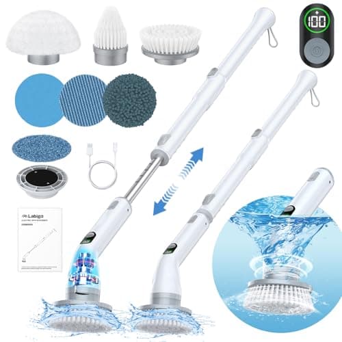 LABIGO Electric Spin Scrubber LA4 Pro, Dual Speed Bathroom Scrubber with Display & 6 Replacement Cleaning Heads, Cordless Power Scrubber with Adjustable & Detachable Handle for Bathroom Floor Tile - Image 1