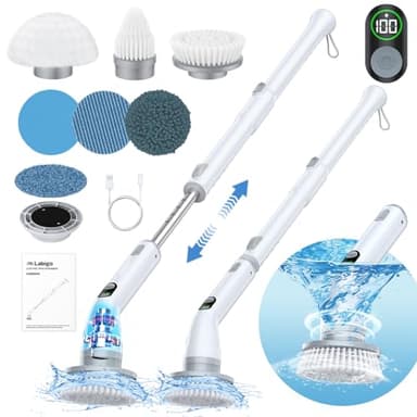 LABIGO Electric Spin Scrubber LA4 Pro, Dual Speed Bathroom Scrubber with Display & 6 Replacement Cleaning Heads, Cordless Power Scrubber with Adjustable & Detachable Handle for Bathroom Floor Tile - Image 1