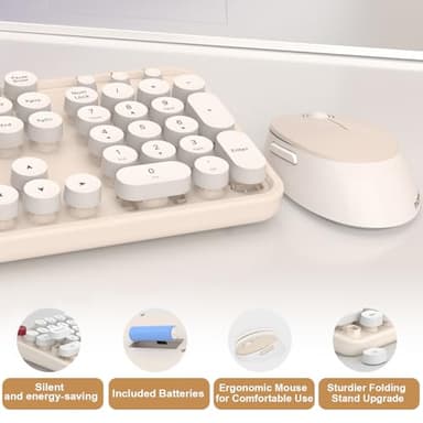 Cream Wireless Keyboard Mouse, COOFUN 104 Keys Full Size White Keyboard Ergonomic Cordless Keyboards Cute Colorful Retro Typewriter Key Board for Windows, PC, Laptop, Desktop (Creamy) - Image 6