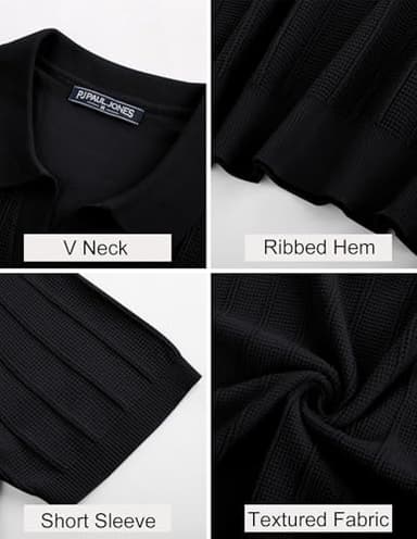 PJ PAUL JONES Mens Polo Shirts Short Sleeve Textured Knit Golf Shirts Collared V Neck Polo Shirts Black - Image 5