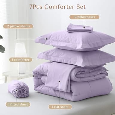 JOLLYVOGUE Queen Comforter Set, Ultra-Soft Bed in a Bag Queen Size 7 Pieces, Oeko-TEX Certified Bedding Set with Down Alternative Comforter, Sheets, Pillowcases & Shams, Lavender - Image 5