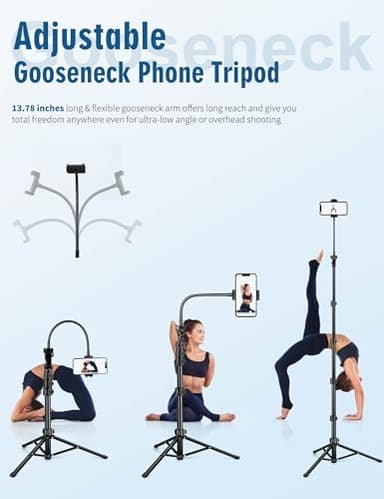 Nineigh Phone Tripod, 85" Tripod for Cell Phone iPhone with Gooseneck, Aluminum Tripods Stand for Video Recording Photo Vlog, Travel Cellphone Tripod with Remote Compatible with iPhone Android - Image 2