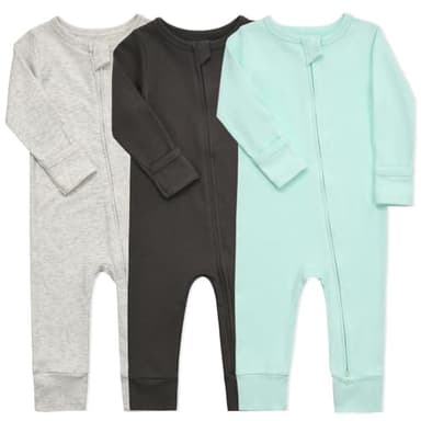 Aablexema Baby Cotton Fooltess Pajamas with Mitten, 3-pack Infant Romper Zip Up One Piece Jumpsuits Outfit(Light Grey&Black Grey&Mint,6-12m) - Image 1