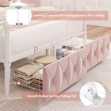 Full Upholstered Canopy Bed Frame with 2 Drawers & Crystal Tufted Storage Headboard Two-Purpose Metal Platform Bed with 4 Removable Posts & Charging Station Pink Princess Bed, Curtain Not Included - Image 7