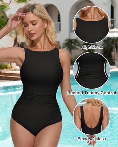 SUUKSESS Women Sexy One Piece Tummy Control Swimsuit Ruched High Neck Slimming Swimwear 2025 Low Back Bathing Suit(Black,X-Large) - Image 2