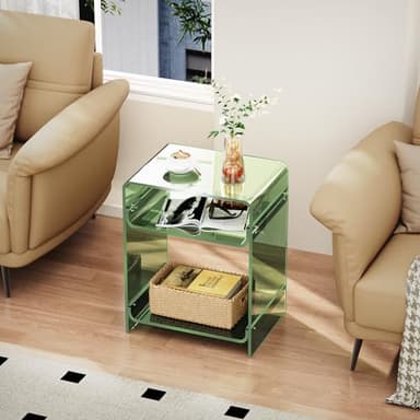 Acrylic End Table Record Player Table with Storage Shelf Clear Side Table Nightstand (15.7x19.7x11.8) (Green) - Image 4