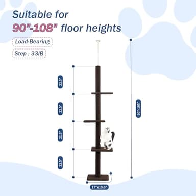 Max & Marlow Cat Tree Floor to Ceiling Cat Tower Height 95-108" Adjustable Kitten Tree Tall Climbing Tree with Carpet Scratching Post and Mat Cat Pole for Indoor Cats,Dark Brown - Image 2