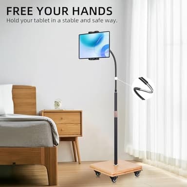 wishacc Tablet Floor Stand for Bed - Gooseneck Tablet Holder Mount with Adjustable Height and 4 Wheels, Compatible with iPad mini Air Pro 12.9/9.7, Galaxy Tab, Kindle, Cell Phones (4.7"-13") - Image 2