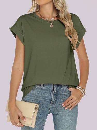 ANRABESS Womens Tops Summer Cap Sleeve Basic Tee Shirts 2025 Trendy Loose Fit Casual Dressy Business Work Tshirts Clothes Army Green Large - Image 2