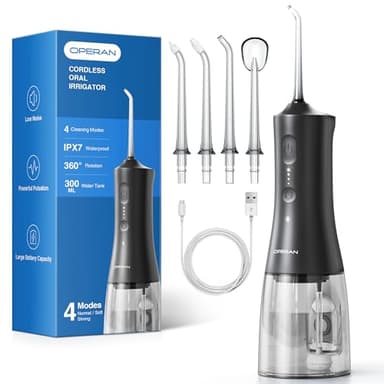 Operan Cordless Water Flossers for Teeth, 300ML Rechargeable Oral Irrigator with 4 Modes & 4 Nozzles, Portable Water Flossers for Adults, IPX7 Waterproof for Home and Travel, Black,01Pack - Image 1