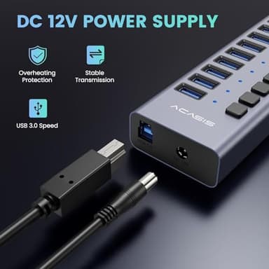 90W Powered USB Hub - ACASIS 16 Ports USB 3.0 Data Port, Aluminum Housing, Individual On/Off Switches, 12V/7.5A Power Adapter, USB Splitter for Laptop, PC, Computer, Printer - Image 4