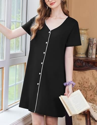 Ekouaer Nightgowns for Women 3 Pack Sleep Shirts Button Down Pajama Dress Short Sleeve Nightshirt Sleepwear Nightdress Black/Grey/Light Grey Star Large - Image 2