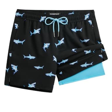 maamgic Mens Swim Trunks with Compression Liner 5" Stretch Beach Shorts Quick Dry with Zipper Pockets No-Chafing Board Shorts Blue Shark M - Image 1