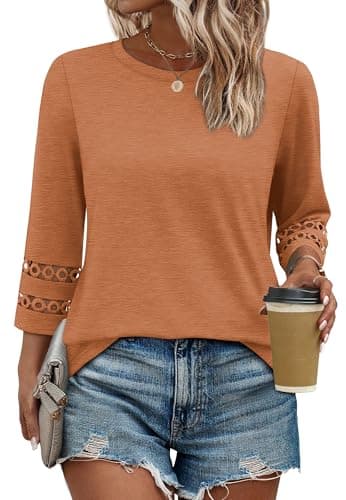 Womens Tops Dressy Casual 3/4 Length Sleeve Tshirts Shirts Work Blouses Beach Vacation Fall Clothes 2025 Caramel 2XL - Image 2