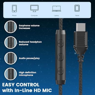 Cowyawn USB C Headphones Wired, Over Ear USB C Wired Headphones with Microphone, Volume Control, HD Stereo Sound,Foldable USB Type C Headphone for Adult/Teens/Laptop/Computer/iPhone 15/16 Series,Black - Image 5