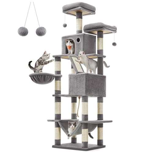 Feandrea Cat Tree, 81.1-Inch Large Cat Tower with 13 Scratching Posts, 2 Perches, 2 Caves, Basket, Hammock, Pompoms, Multi-Level Plush Cat Condo for Indoor Cats, Light Gray UPCT190W01 - Image 1