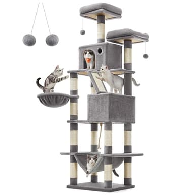 Feandrea Cat Tree, 81.1-Inch Large Cat Tower with 13 Scratching Posts, 2 Perches, 2 Caves, Basket, Hammock, Pompoms, Multi-Level Plush Cat Condo for Indoor Cats, Light Gray UPCT190W01 - Image 1